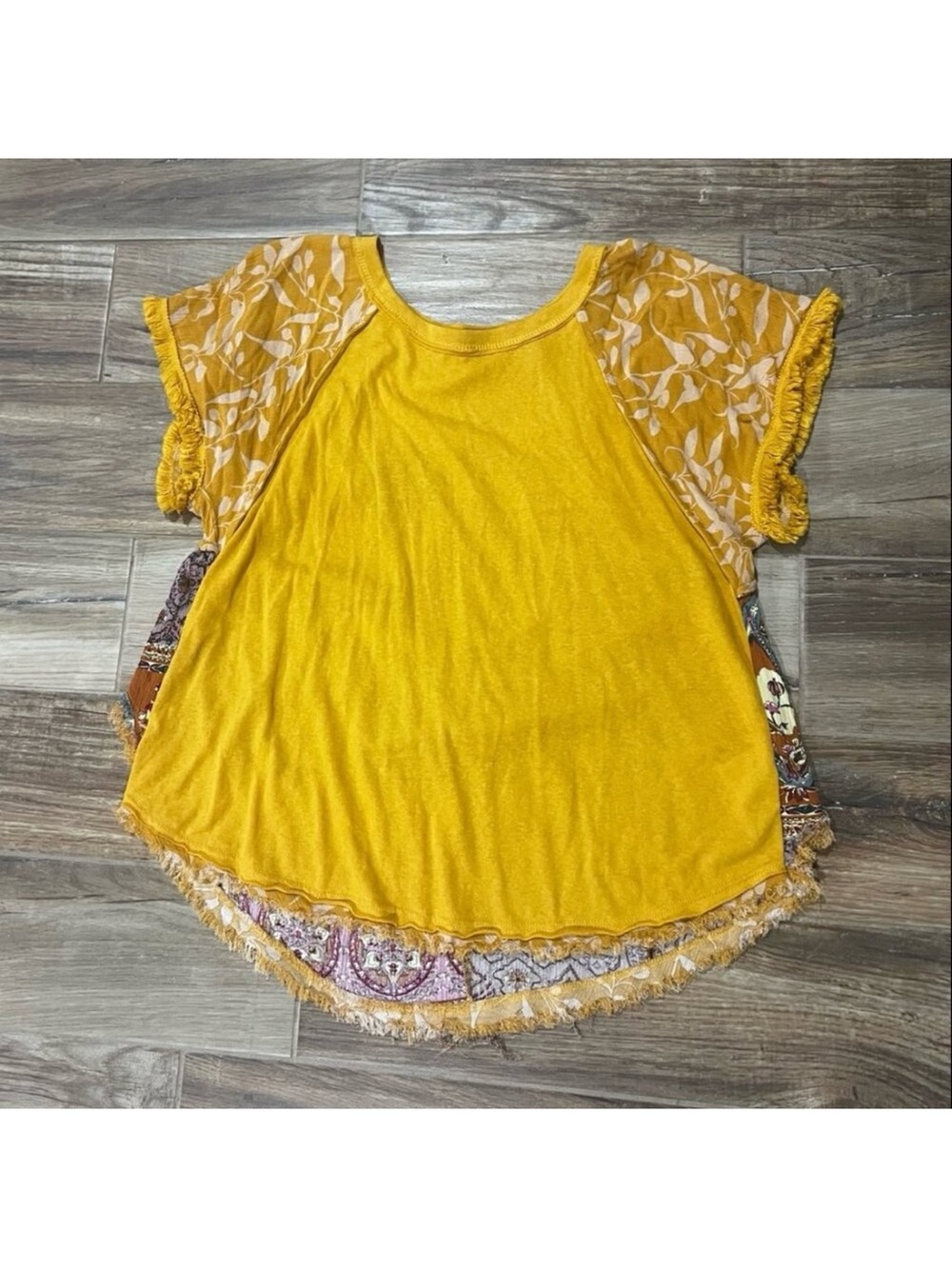 Umgee Mixed Print Top w/ Frayed Edge Trim